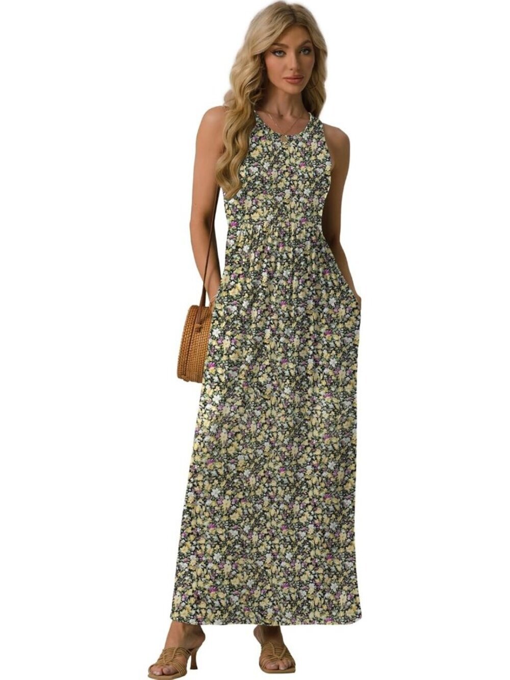Women's Floral Black Yellow Sleeveles Casual Long Tank  with Pockets Maxi Dress - Picture 3 of 6
